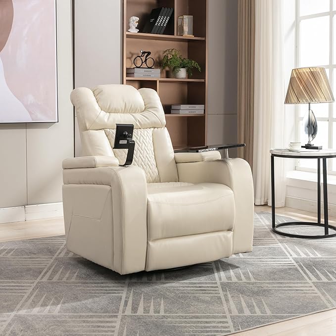 270 Degree Swivel PU Leather Power Recliner Individual Seat Home Theater Recliner with Comforable Backrest Tray Table Phone Holder Cup Holder USB Port Hidden Arm Storage for Living Room White