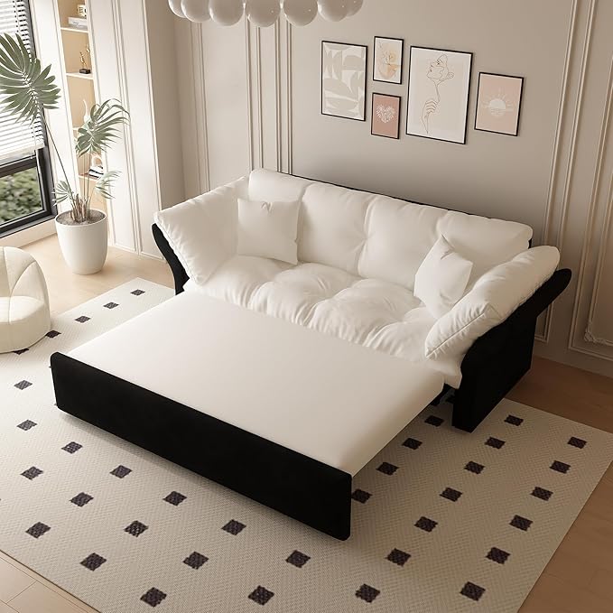 74.8 Queen Size Futon Sofa Bed Love Seat Sleeper Bed Small Space Sleeper Sofa Couch with Pullout Bed 3 in 1 Velvet Futons Convertible Sofa Bed for Living Room Apartment Beige