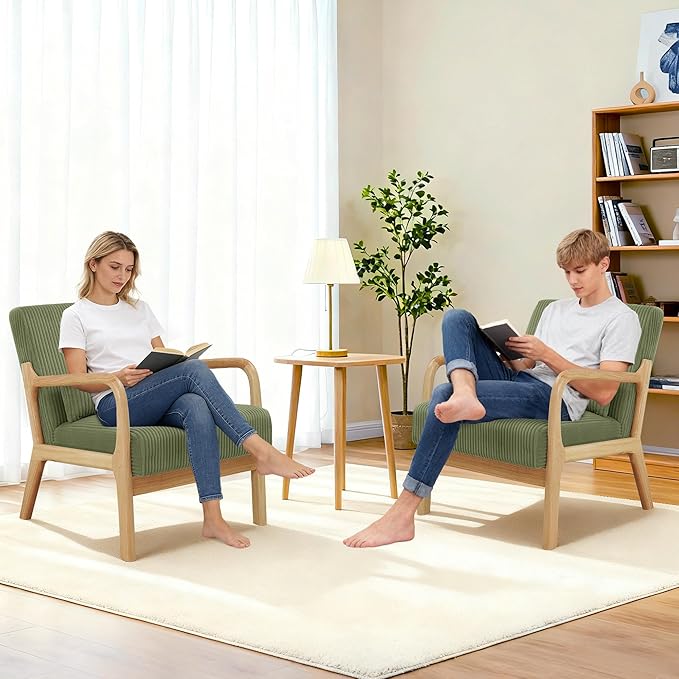 Accent Chair Set of 2 Mid-Century Modern Armchair with Waist Cushion Fabric Lounge Reading Chair with Wood Frame Comfy Sitting Seat for Living Room Bedroom Balcony up to 450lbs Green