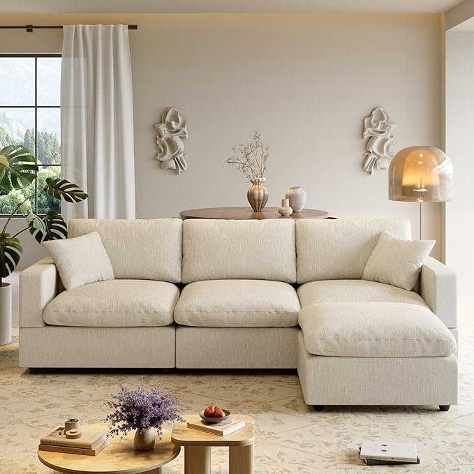 Modular Cloud Sectional Couches for Living Room95.4 L-Shape Couch with Chaise Ottoman3 Seater Down Filled SofaDetachable Couch Cushion CoversBeige