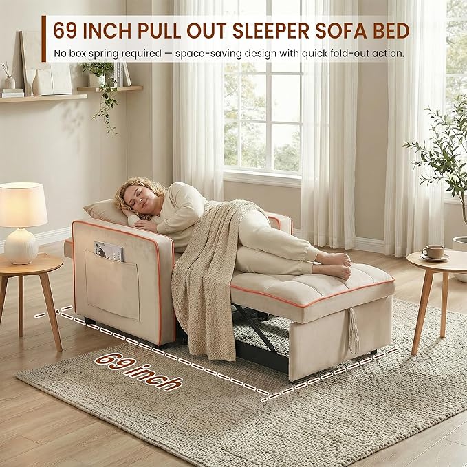 Convertible Sleeper Chair 68.5 Inch Futon Sofa Bed Single Sleeper Sofa Small Couch Bed with Side Pocket Adjustable Backrest for College Dorm Bedroom Studio Apartment