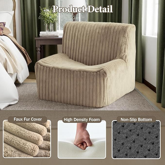 Trenda 32'' Comfy Bedroom Chair for Adult Boneless Space-Saving Accent Chairs with with Spacious Seating Soft Faux Fur Cover Ideal Floor Couch for Living RoomCollege Dorm to Reading (Khaki)