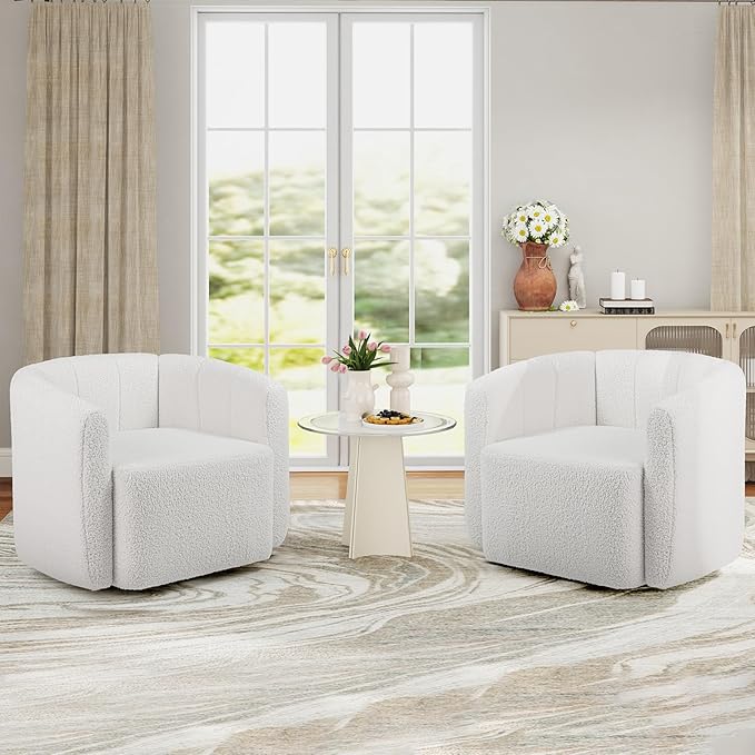 Giantex 360° Swivel Accent Chair - Sherpa Upholstered Boucle Barrel Club Chair with Padded Armrests Modern Round Arm Chair for Reading Living Room Bedroom Office White Teddy