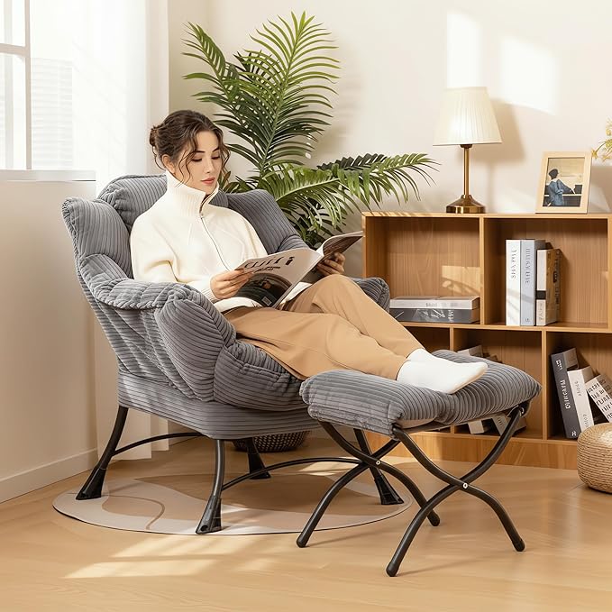 Corduroy Lazy Chair Set of 2 with Ottoman Ergonomic Comfy Reading Chair for Living Room Bedroom &amp Office in Small Spaces