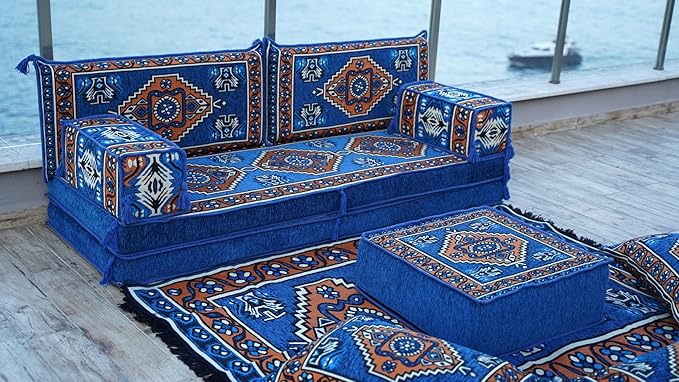 arabicsofa 8 Inch Thick Royal Blue Arabic Floor Cushion – Handmade Modular Majlis Seating with Backrest Pillows