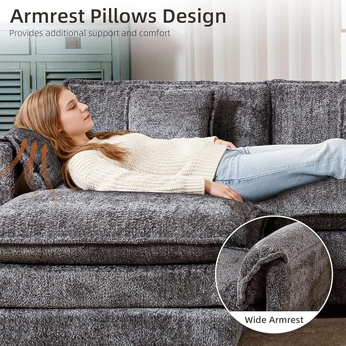 GNIXUU 112 Modular Cloud Couch Sofa Modern Chenille L Shaped Sectional Couches for Living Room Comfy Deep 4 Seater Sofa with Movable Ottoman &amp 2 Pillows(Gray)