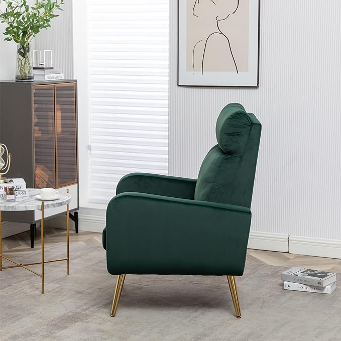 Velvet Accent Chair Modern Living Room Armchair Bedroom Dorm Reading Reception Room Comfort Upholstered Sofa Chair Gold Metal Legs Dark Green