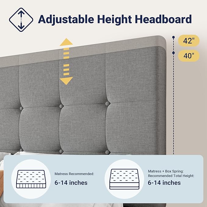 Allewie Upholstered Full Size Platform Bed Frame with 4 Storage Drawers and Headboard Square Stitched Button Tufted Mattress Foundation with Wooden Slats Support No Box Spring Needed Light Grey