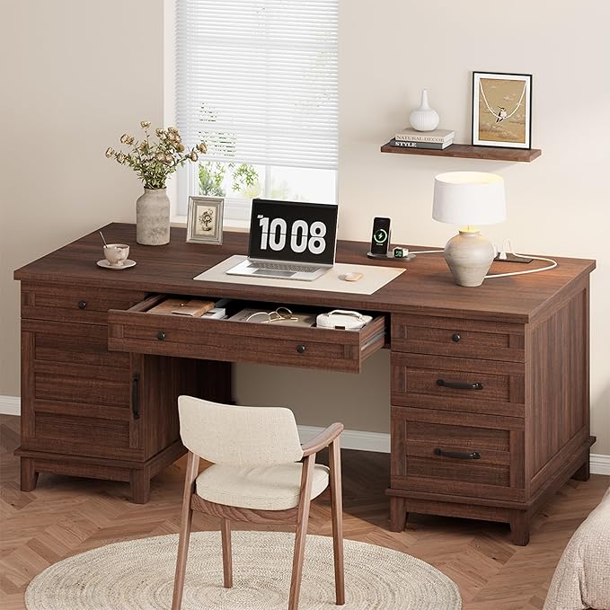 60 Executive Desk with Power Outlet Home Office Desk with Drawers Wooden Work Desk with File Cabinet Computer Desk for Work Study Writing Brown