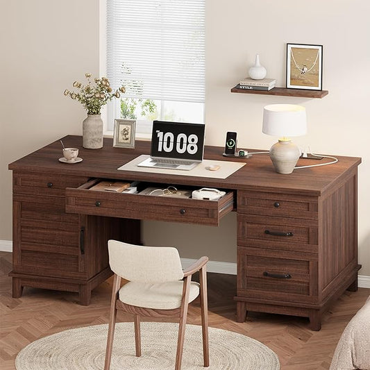 60 Executive Desk with Power Outlet Home Office Desk with Drawers Wooden Work Desk with File Cabinet Computer Desk for Work Study Writing Brown