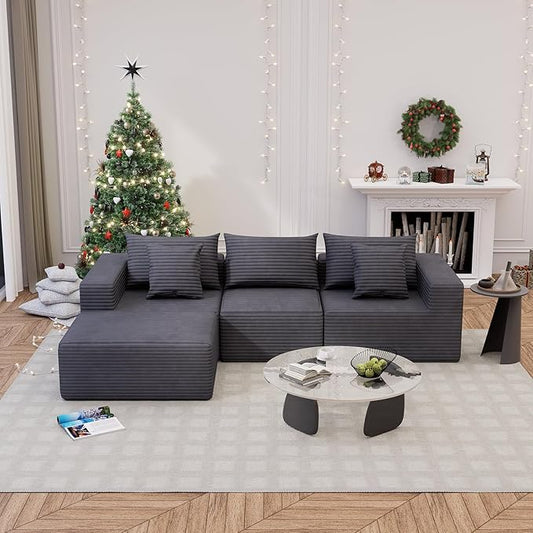 Modular Cloud Couch Sectional Deep Seat No-Bone Corduroy Sofa with Ottoman Oversized Comfy Modular Sofa for Living Room Bedroom Apartment No Assembly Flexible Layout (Gray 108 Inch-L)