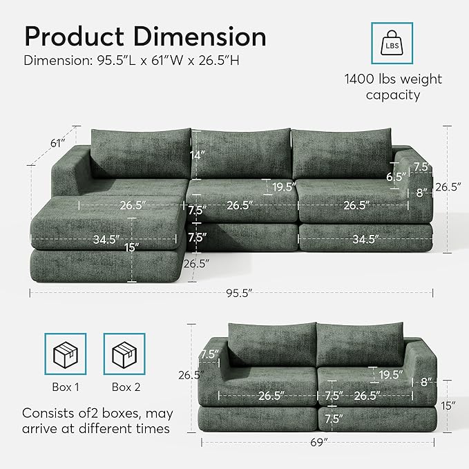 Cloud Boneless Modular Sectional Sofa 95.5 Modern Chenille Couch for Living Room Convertible L-Shaped Sleeper Sofa Bed with Ottoman Deep Seat Cloud Couch Sectional No Assembly Required Green