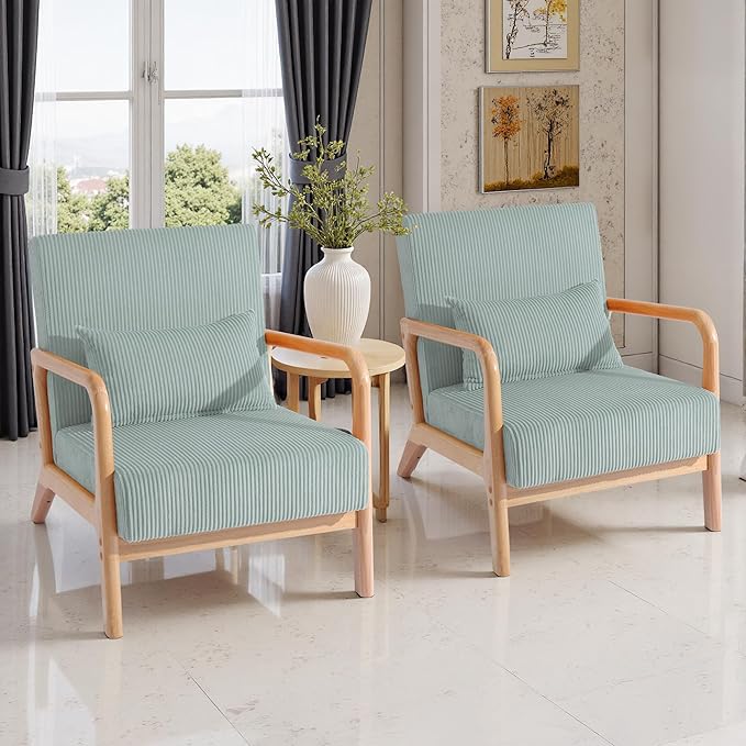 UIXE Modern Accent Chair Corduroy Upholstered Armchair for Living Room Comfy Arm Chair Single Sofa Bedroom Reading Seat with Lumbar Pillow &amp Wooden Armrests - Light Blue