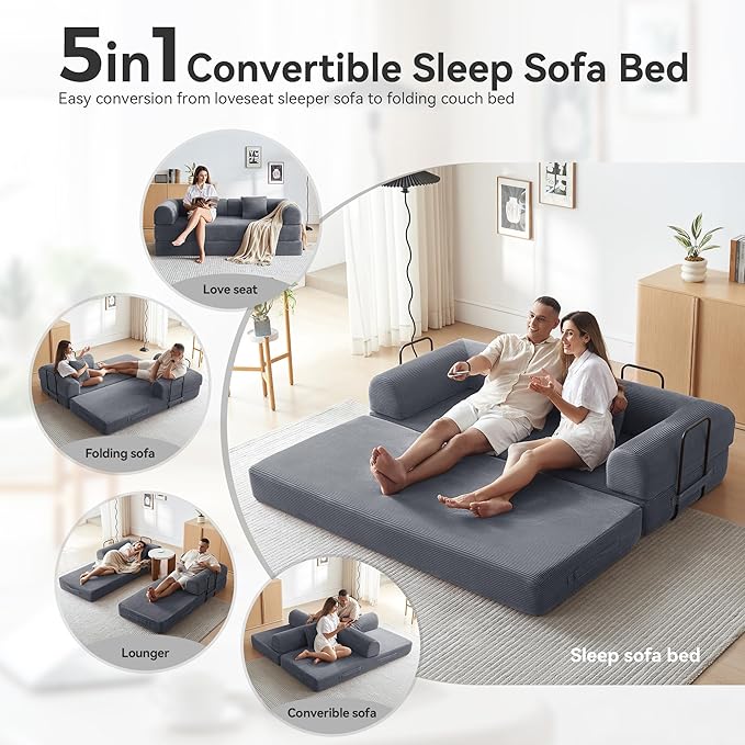 Sofa Bed Corduroy Sleeper Sofa Bed with Fixed Frame Floor Sofa Lounge with Pillow Convertible Folding Mattress Couch for Living Room Bedroom Lounge Studio (Dark Grey)