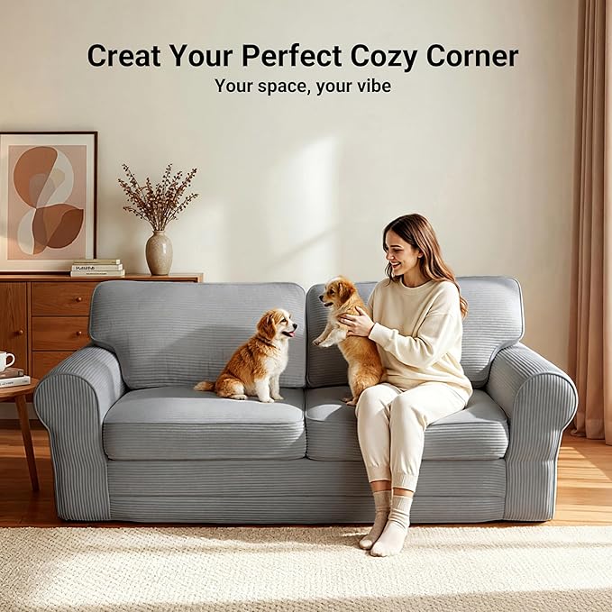 Claiks 83 Corduroy Loveseat Sofa for Living Room Boneless Sofa with Wide Rounded Armrest Deep Cushioned Couch with Lock-Stitched Edges Skin-Friendly Cloud Couch White Light Grey | Corduroy Bone