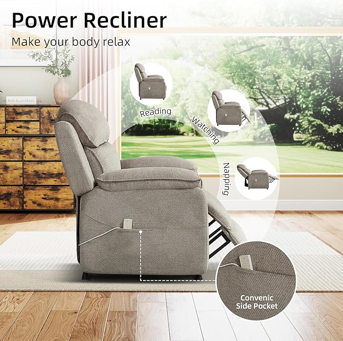 Power Recliner Chair for Adults Reclining Sofa Chair Adjustable Home Theater Seating with Side Pocket Single Recliners for Small Space Living Room (2 Khaki)