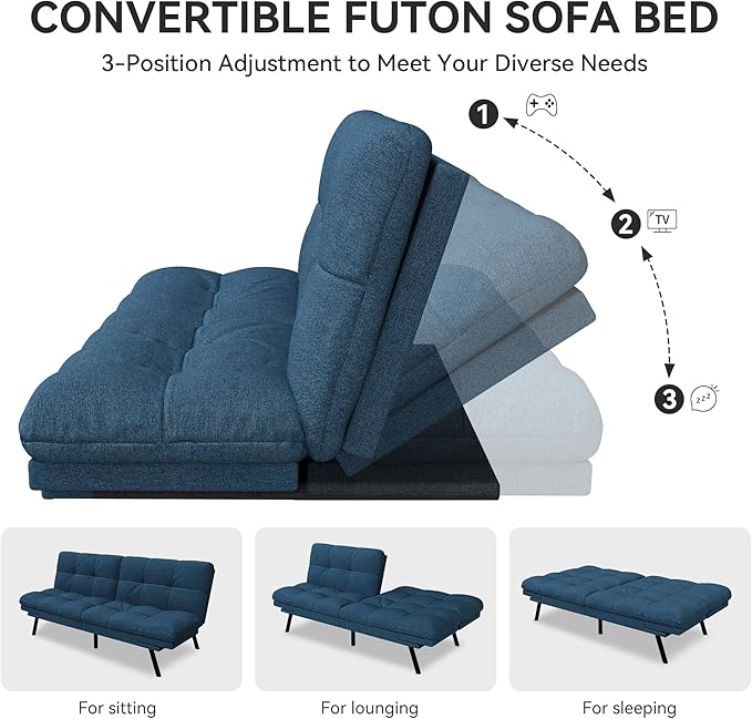 Vipbear 71 Convertible Futon Sofa BedLinen Fabric Futon Couch with Detachable CushionAdjustable Backrest &amp ArmrestModern Loveseat Sleeper Recliner for Living RoomOfficeApartmentRetro Blue