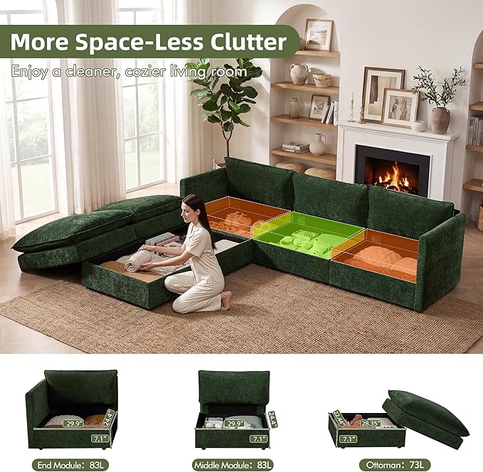 WorthFurni Modular Sectional Sofa with Storage Ottomans102 U-Shaped Cloud CouchComfy Modern Couches with Pillows &amp Upholstered Deep Seat Cushion for Apartment Living Room Bedroom（Green）