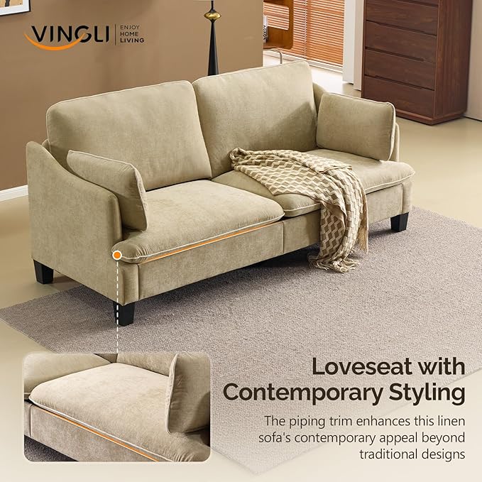 VINGLI 84 Extra Deep Seat Sofa Couch 3 Seater Upholstered Living Room Couches with 2 Piped Seater Cushions Throw Pillows Modern Linen Velvet Fabric Sofa for Apartment Bedroom Office | Piped Cushio