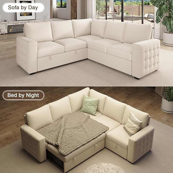 86 Inch Sectional Sleeper Sofa 5 Seat L Shaped Sleeper Sectional Couch with Pull Out Bed Convertible Sofa Bed with Storage for Living Room Apartment Modular Cloud Couches Beige