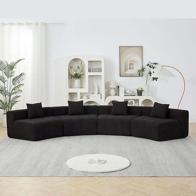 KEIKI Chenille Curved Sectional Sofa 4 Seat Symmetrical Modular Semi Circular Couch Deep Seat Tufted Corner Sofa for Living Room Office Black
