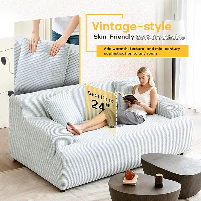 VINGLI 72 w Compressed Love Seat Sofa with Wide Curved Armrests (10.6) Premium Corduroy Couch in a Box Boneless Loveseat for Living Room Easy Assembly Required for Small Spaces Light Blue