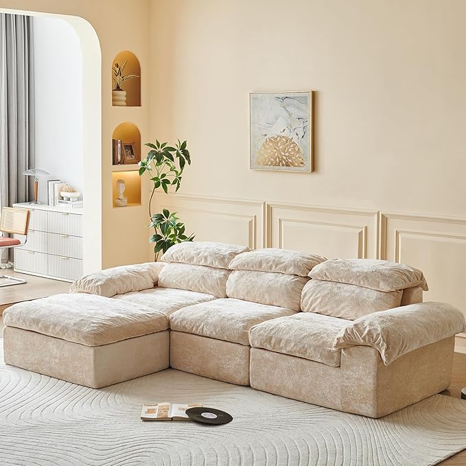 115.7 L Shaped Modular Sectional Sofa with Ottoman Cloud Boneless Couch Upholstered Sofa in a Box Flexible Module Combination for Living Room No Assembly Beige