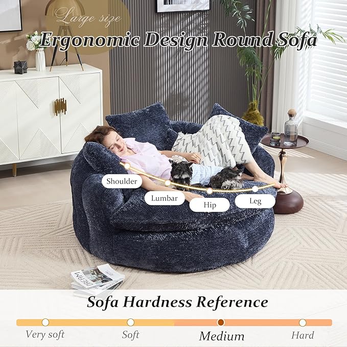 54 Oversized Round Chair Couch Lounge Chaise Indoor Comfy Boneless Sofa for Living Room Cloud Large Circle Couch Chair with 5 Pillows Fluffy Modern Sleeper Sofa Bed for Reading (Blue)