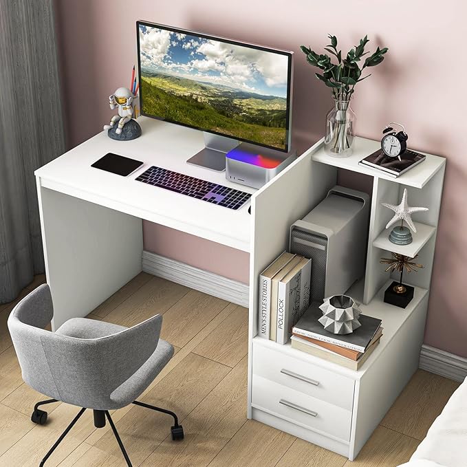 Tangkula White Desk with 2 Storage Drawers &amp Bookshelf Home Office Desk with Corner Bookshelf &amp Printer Stand Small Writing Study Desk for Small Space Modern Vanity Table for Bedroom (White