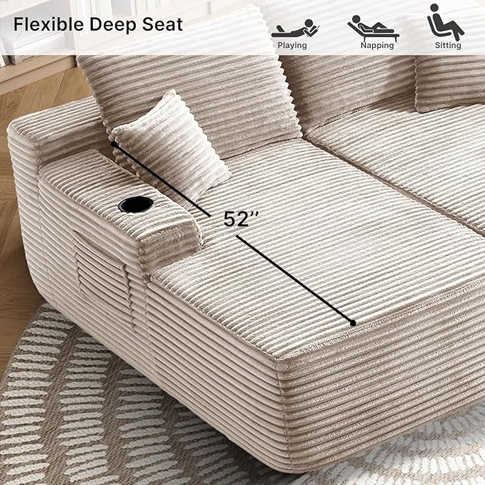 69 Oversized Boneless Sofa Bed Double Chaise Lounge Chair Indoor Plush Corduroy Sectional Couches for Living Room Comfy Cloud Couch No Assembly(Camel)