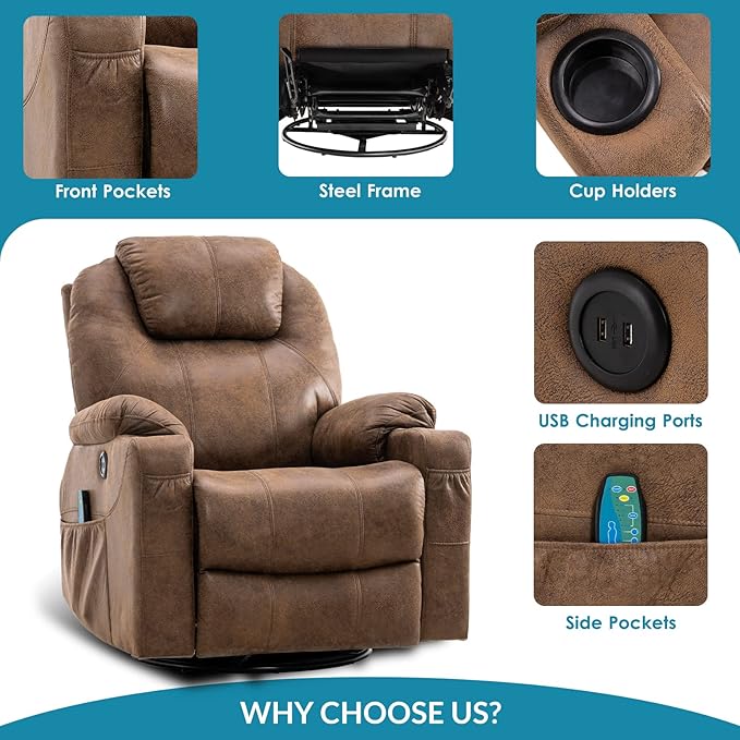 Manual 360 Degree Swivel Glider Rocker Recliner Chair with Massage and Heat 2 USB Ports 2 Front Pockets 2 Side Pockets and 2 Cup Holders Bronze Suede Fabric (Brown)