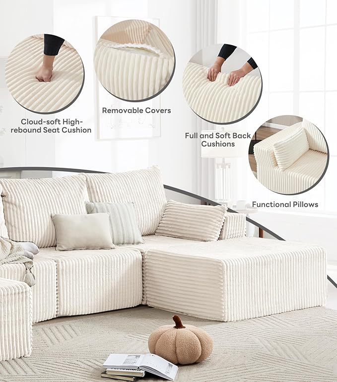 Tbfit Sectional Cloud Couch for Living Room Modular Sofa with Angled Armrest Comfy Boneless Sofa with Wide Seat &amp Deep Seat White