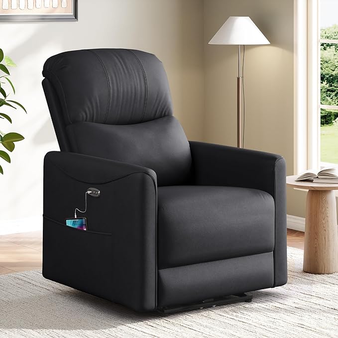 Power Recliner Chair Reclining Chair PU Leather Small Recliners for Small Spaces Infinite Position Electric Recliner Chairs for Adults Electric Recliners with USB Port &amp Side Pocket Black