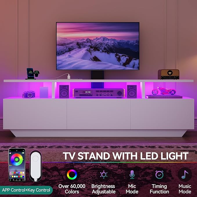 YITAHOME Modern TV Stand with Mount Entertainment Center with Power Outlet for 65 inch TVs LED Lights TV Console with Storage for Living Room White