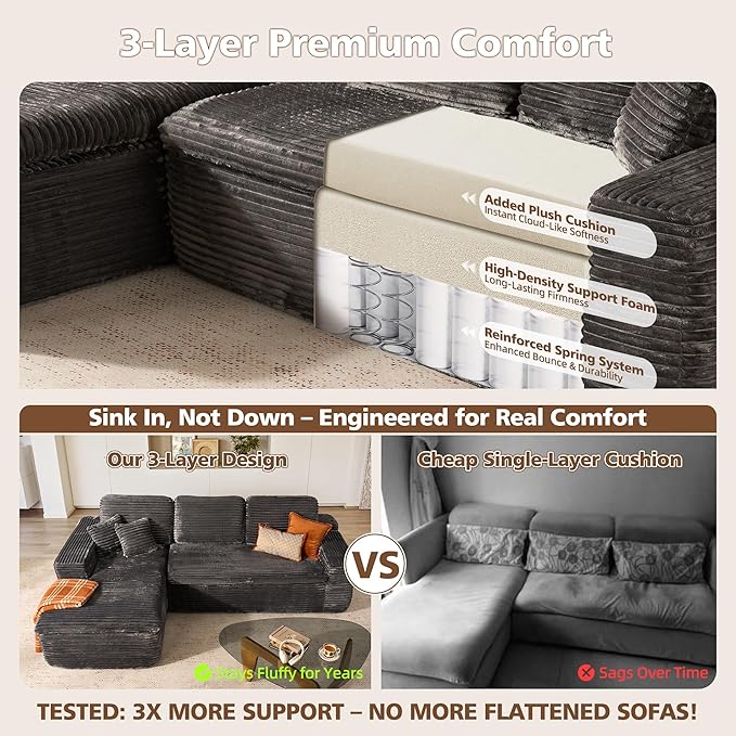2 Piece Cloud-Like Sectional Sofa No Assembly Required – Ultra Plush Fabric with Thickened Cushions &amp Neck Support L-Shaped Couch with Chaise for Living Room