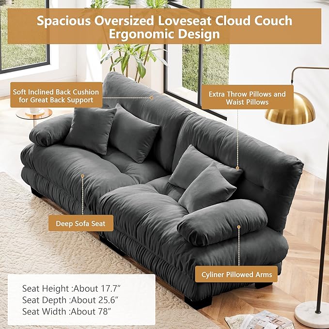 Aoowow Modern Modular Sectional Sofa94.4 Oversized Loveseat CouchChenille Cloud Couches for Living RoomTufted 2 Seater Cloud Sofas with Deep Seat (Chenille Grey 2 Seater)