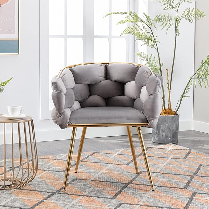 Polibi Modern Velvet Accent ChairDining Chair Single Sofa Chair Leisure Lounge Chairs with Golden Metal Frame Legs Living Room Furniture1PCS Gray
