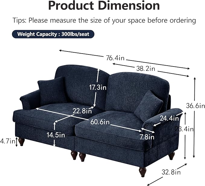 Casaphoria Mid-Century Modern Oversized Loveseat Sofa 2-Seater Chenille Couch with Removable Ruffle Skirt Flared Arms Spindle Legs &amp Throw Pillow for Living Room Apartment