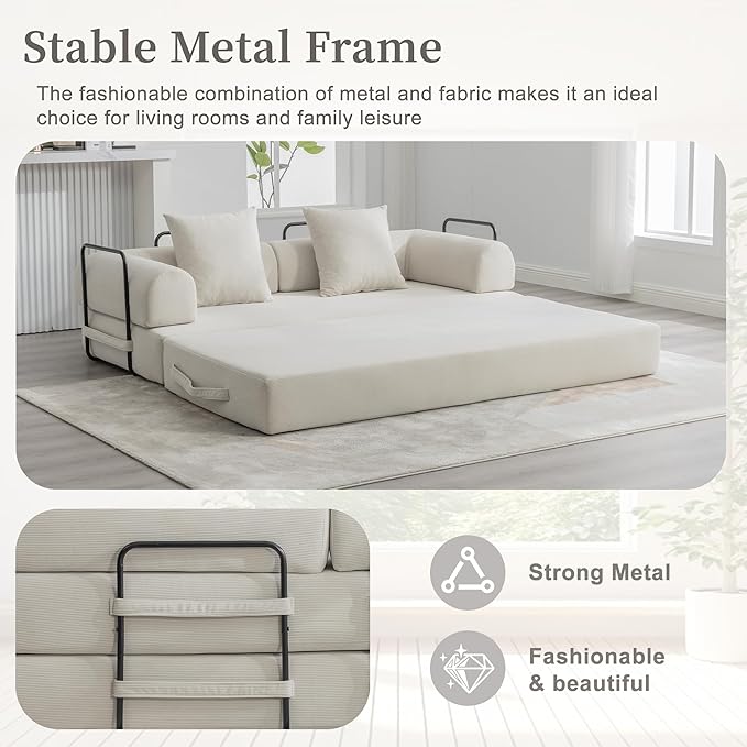 4‑in‑1 Convertible Sleeper Sofa Bed DIY Combination Floor Sofa Lounge Couch with Cylindrical Pillow Corduroy Futon Folding Mattress Couch for Apartment Bedroom Playroom Beige