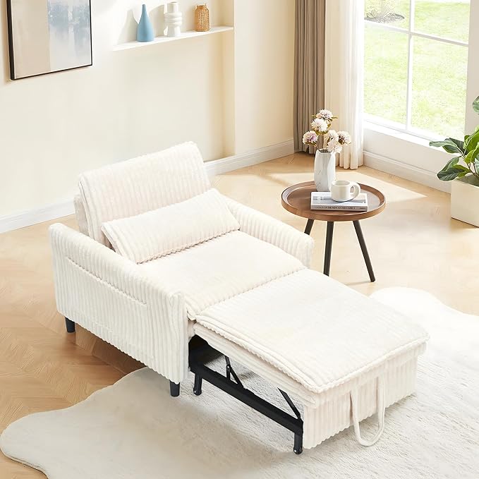 TTK 3-in-1 Convertible Corduroy Sleeper Chair – Plush Pull-Out Sofa Bed with Adjustable Backrest Compact Recliner Lounge Chair with 360° Rotating Side Table Perfect for Small Spaces Beige