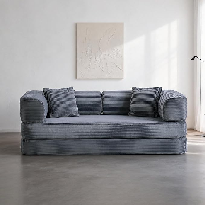 Modular Floor Sofa Bed for Small Apartments &amp Renters Stable Fixed-Shape Support Wide Guest Sleeper No Assembly Corduroy (Dark Gray) | 2-in-1 pillow quilts No assembly needed Medium-firm sup