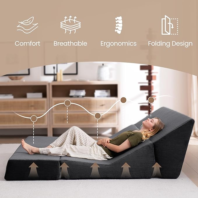 Folding Sofa Bed Convertible Sleeper Chair with Pillows High Support Memory Foam &amp Soft Corduroy Fbric Comfy Couch Bed Floor Loveseat Couch for Living Room Apartment Guest RoomBlack