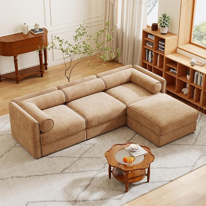 109 inch Cloud Modular 3 Seater Sofa with Storage Ottoman Modern Upholstered Storage Sofa Couch Deep Seat L Shape Sectional Sofa Chenille Comfy Couch for Living Room Apartment Camel
