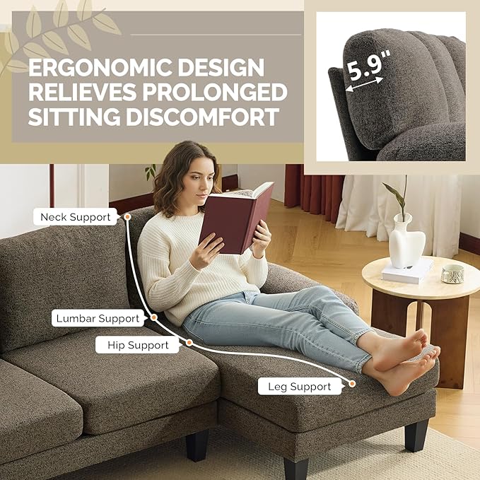 VINGLI 110' U-Shaped Sectional Couch with Two Chaise Affordable Small Sofa with 4 Seats Chenille Fabric Comfy Couches for Living Room Dark Brown