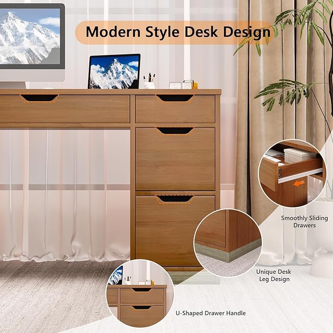 54 Inch Executive Desk with Drawers Computer Desk with 7 Drawers for Bedroom Office Desk with File Cabinet for Work Study Writing Small Spaces Brown