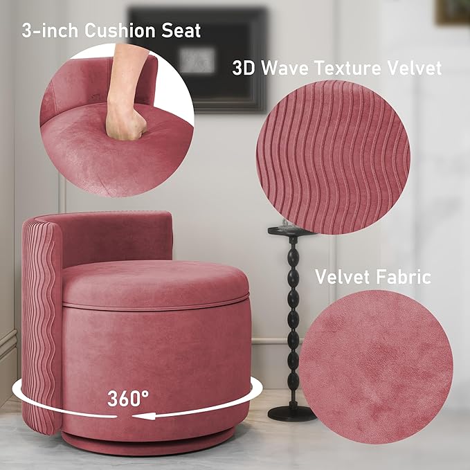 360° Swivel Accent Chair with Storage Vanity Stool with Back Velvet Storage Ottoman Upholstered Round Barrel Vanity Chair for Living Room Makeup Room Bedroom (Dusty Rose)