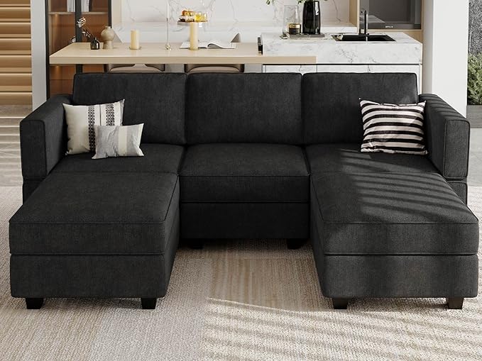 Belffin Modular Sectional Sofa Fabric U Shaped Couch Double Chaise Sectional Couch Convertible Ottoman Sofa with Storage Black