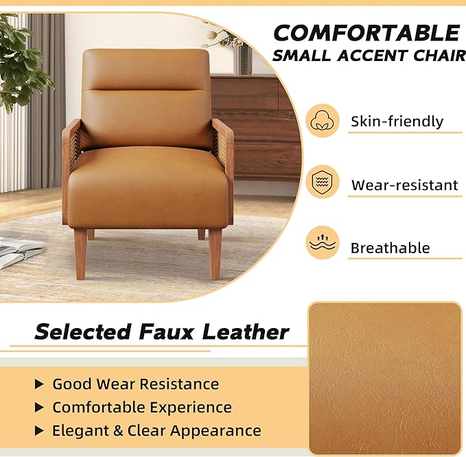 HAOBO Home Mid Century Modern Accent Chair Upholstered Living Room Chairs Armchair with Rattan Armrest Comfy Reading Chair with Wood Frame Lounge Side Chair