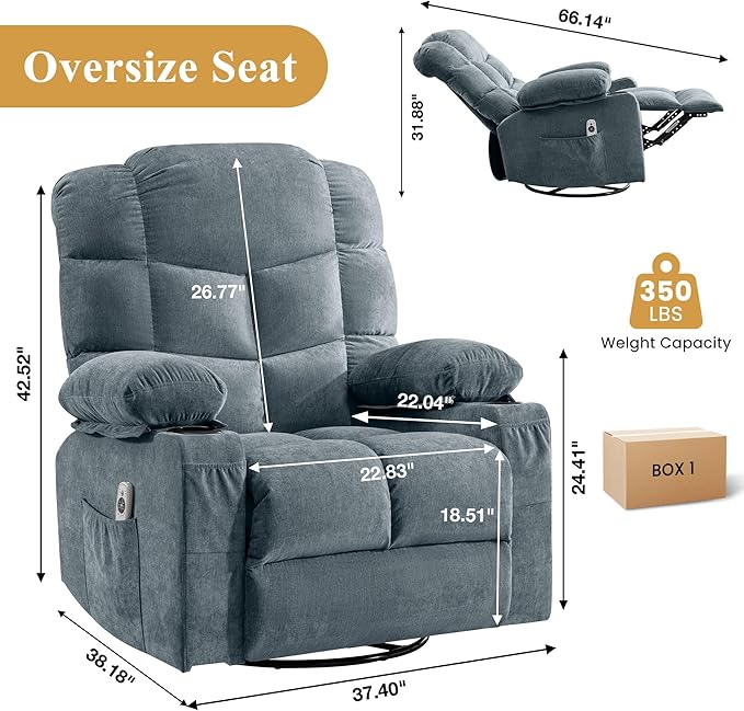 Oversized Massage Swivel Recliner Chair with Lumbar Heating for Living Room Rocker Recliner Single Sofa with Cup Holders and USB Charge Port Large Big Chair Recliners for Adult