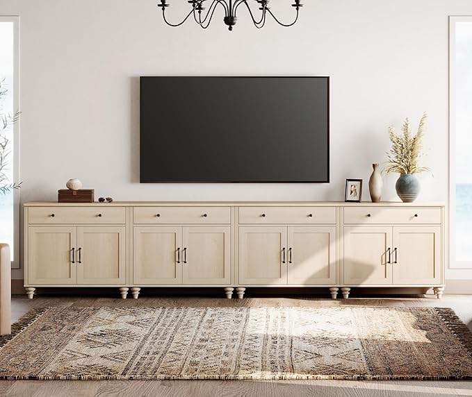 WAMPAT Farmhouse TV Stand for 85 inch TV with 8 Doors and 4 Drawers Wood Universal TV Stand with Large Storage Cabinets Beige Entertainment Center TV Console Table for Living Room Bedroom
